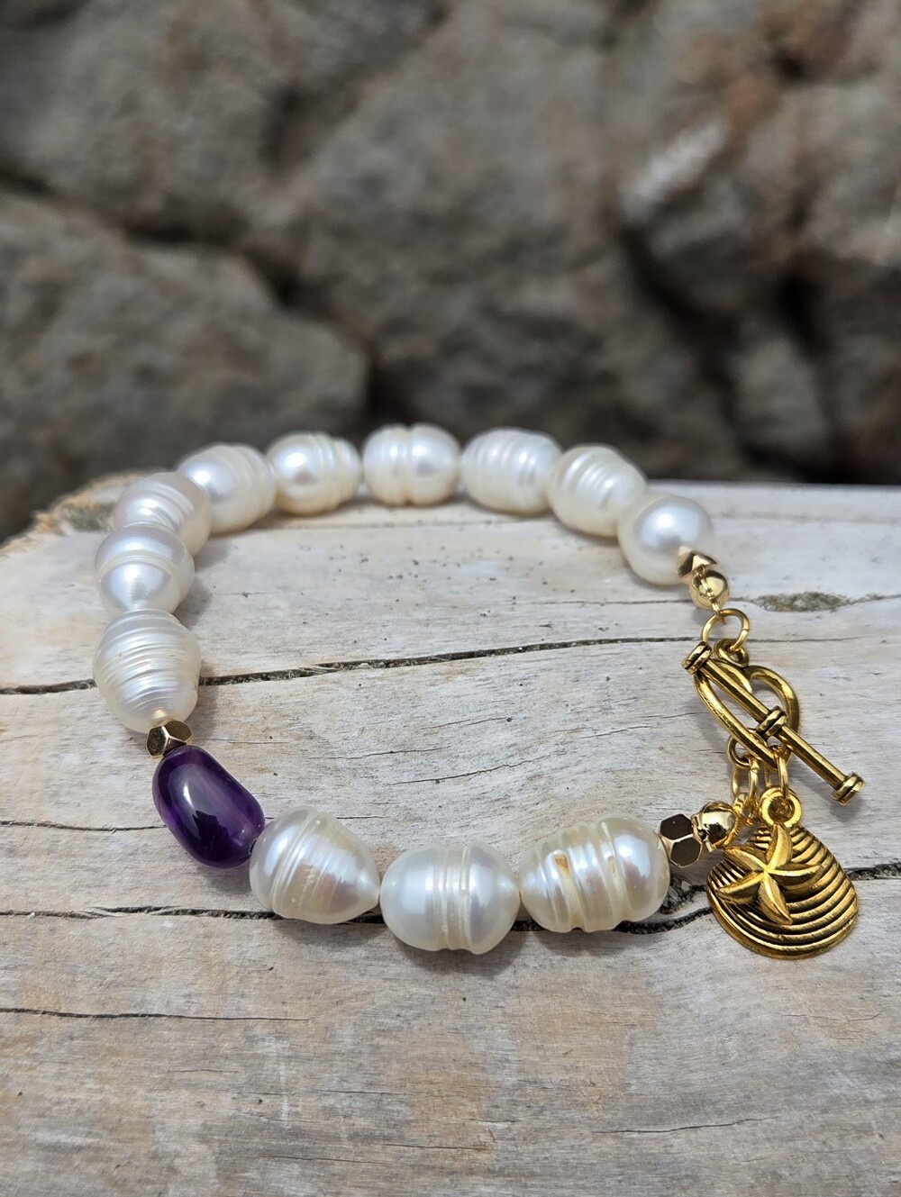 13mm Baroque Pearl & Natural Amethyst Bracelet -French Vitage/Boho Style
